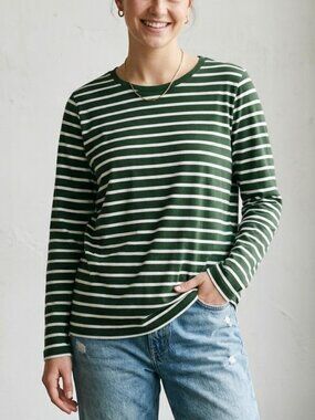 Lands' End Supima Cotton Relaxed Long Sleeve Crew Neck Tee Forest Green Size S/M